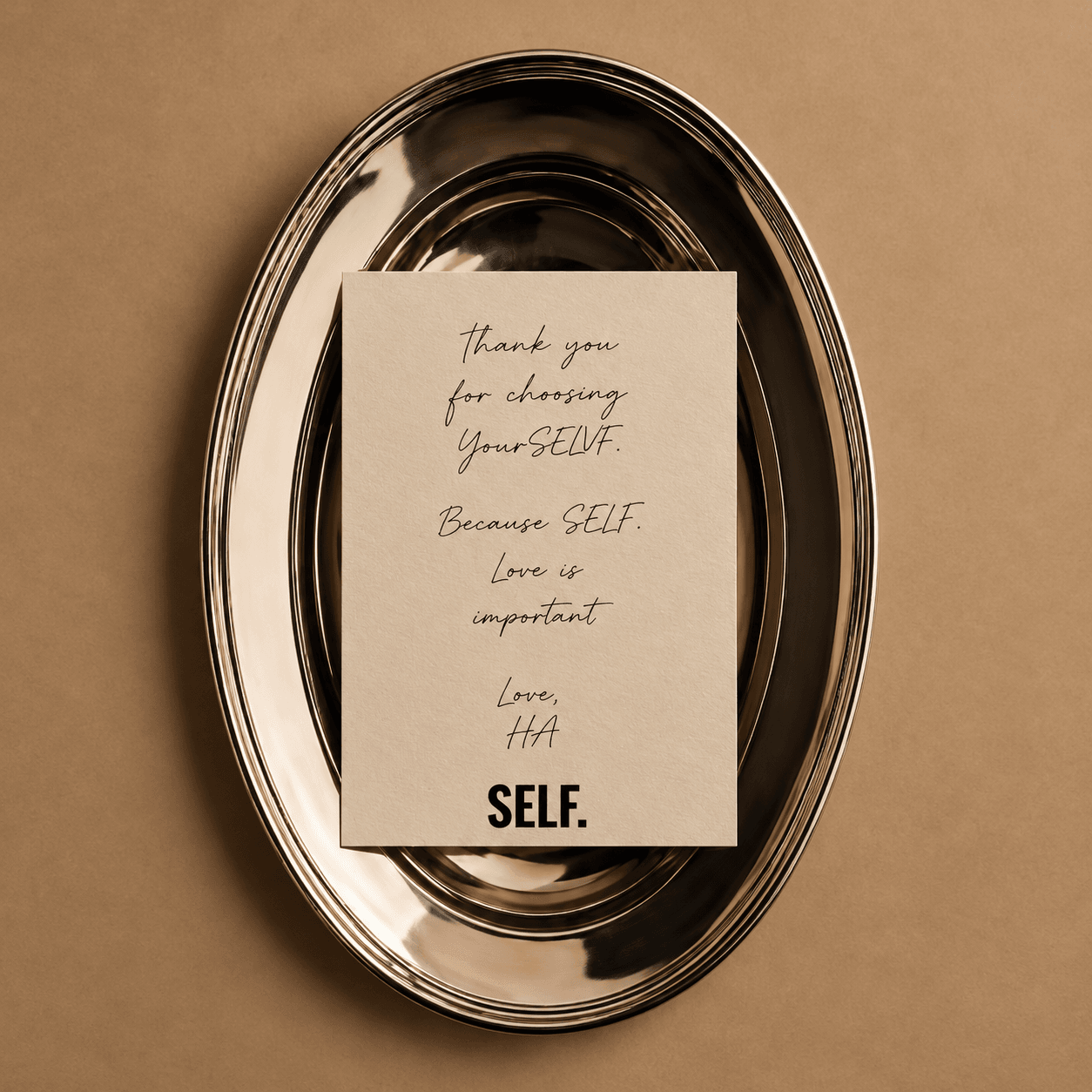 SELF. thank-you card on a silver tray