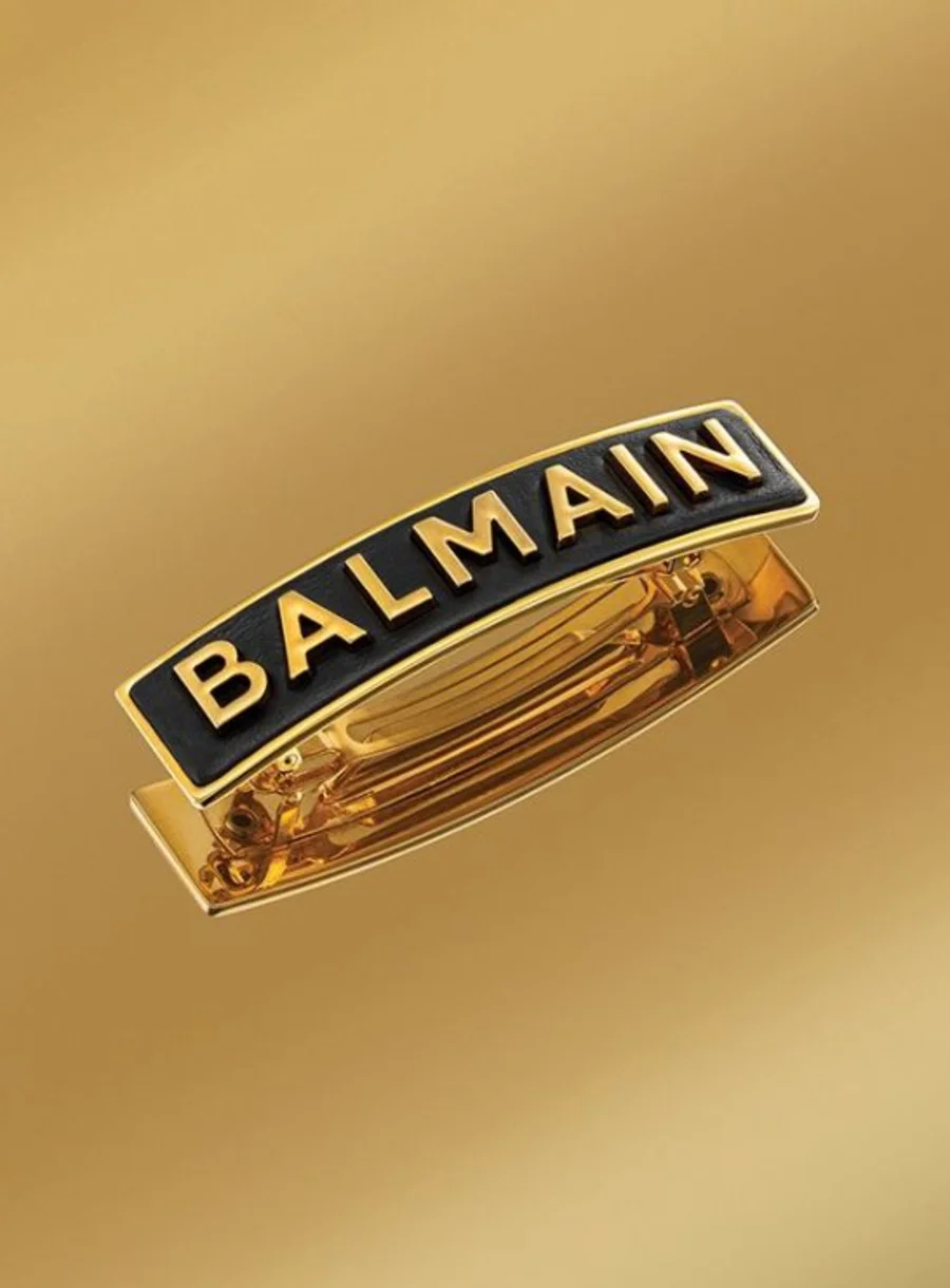 Balmain Hair Gold Plated Barrette Medium Logo – in use