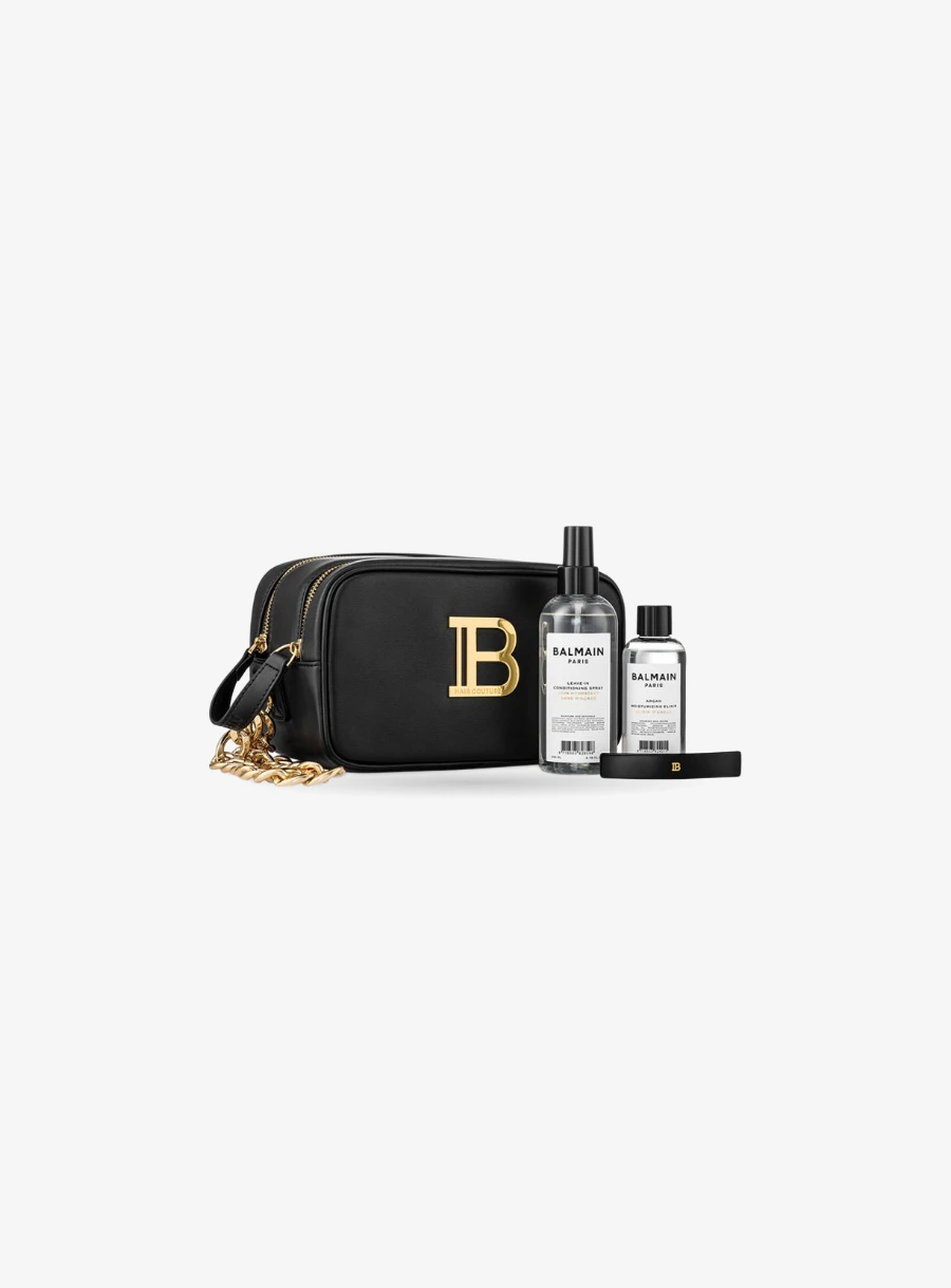 Balmain Hair Signature Pouch, black vegan leather with 3 products